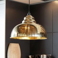 Polished Brass Curved Hanging Pendant Light with Smooth Brass Interior