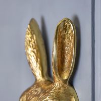 Close-Up of Rabbit Ears on Polished Brass Rabbit Door Knocker Close-Up of Rabbit Ears on Polished Brass Rabbit Door Knocker