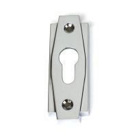 Close-Up of Polished Chrome "Roman" Euro Escutcheon - 100mm x 36mm Close-Up of Polished Chrome "Roman" Euro Escutcheon - 100mm x 36mm