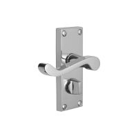 The Polished Chrome Victorian Scroll Bathroom Door Handles - Lever Lock Pair with Thumb Turn on a White Background