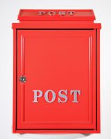 The Red "Oxford" Wall Mounted Post Box with Gold Detailing shown from the Front The Red "Oxford" Wall Mounted Post Box with Gold Detailing shown from the Front