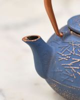 Close up of "Qianping" Cast Iron Blue and Copper Finish Japanese Style Teapot spout