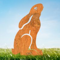 Realistic Moon Gazing Hare Sheet Steel Silhouette in Rustic Finish in Situ