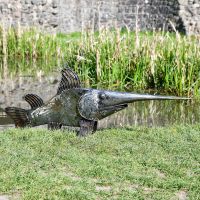 Recycled Metal Sword Fish Sculpture in situ in the Garden Recycled Metal Sword Fish Sculpture in situ in the Garden