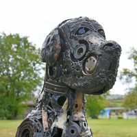 Close-up of the Head of the Recycled Parts Dog Sculpture