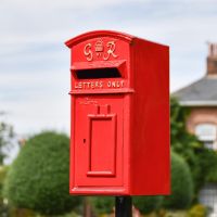 Close-Up of Red & Gold "Goldney" King George Curved Roof Post Box Close-Up of Red & Gold "Goldney" King George Curved Roof Post Box