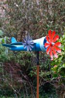 Vintage Airplane Wind Spinner Stakes - Blue and Red Up Close