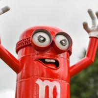 Close-Up of Red Recycled Metal "Sweet Tooth" Henchman Sculpture Close-Up of Red Recycled Metal "Sweet Tooth" Henchman Sculpture