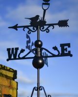 Close up of ornate detailing on robin gardening tools weathervane