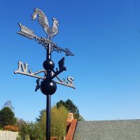 Black Rooster Weathervane on summer house in garden Black Rooster Weathervane on summer house in garden