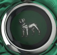 Close-up of the Rottweiler on the Whiskey Flask