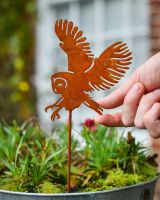 Rustic Barn Owl Artistic Plant Pot Spike - Set of Two with hand in shot for scale