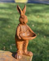 Rustic Cast Iron Rabbit Holding Bowl Sculpture & Bird Bath In Situ Rustic Cast Iron Rabbit Holding Bowl Sculpture & Bird Bath In Situ