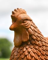 Close up of Rustic Cast Iron Chicken Sculpture head