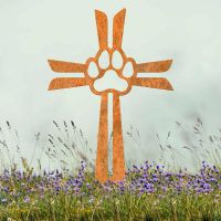 Rustic Contemporary Paw Print on Cross Grave Marker Ground Spike in Situ