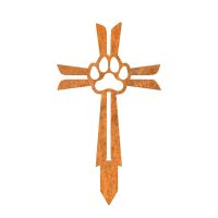 Close-Up of Contemporary Paw Print on Cross Grave Marker Ground Spike in Rustic Finish