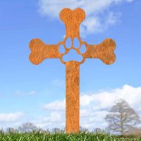 Paw Print on Dog Bone Cross Grave Marker Ground Spike in Rustic Finish in Situ