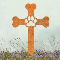 Rustic Paw Print on Dog Bone Cross Grave Marker Ground Spike