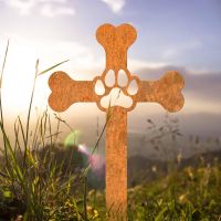 Rustic Paw Print on Dog Bone Cross Grave Marker Ground Spike in Situ