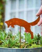 Rustic Pouncing Fox Artistic Plant Pot Spike - Set of Two with hand in shot for scale