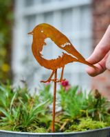 Rustic Robin Artistic Plant Pot Spike - Set of Two with hand in shot for scale