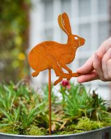 Rustic Running Hare Artistic Plant Pot Spike - Set of Two with hand in shot for scale