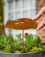 Rustic Sports Car Artistic Plant Pot Spike - Set of Two with hand in shot for scale Rustic Sports Car Artistic Plant Pot Spike - Set of Two with hand in shot for scale