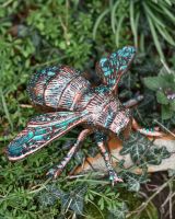 Situ Shot of Rustic Verdigris "Buzzing" Bumble Bee Garden Sculpture