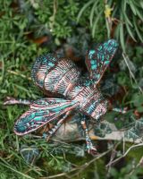 High-Angle View of Rustic Verdigris "Buzzing" Bumble Bee Garden Sculpture