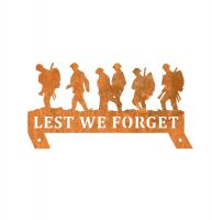 Rustic Memorial Fence Topper with Walking Soldiers "Lest We Forget" Topper with Fixing Plates Rustic Memorial Fence Topper with Walking Soldiers "Lest We Forget" Topper with Fixing Plates