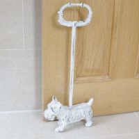 Rustic West Highland White Terrier Door Stop in Situ Holding Open a Wooden Door