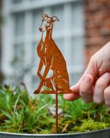Rustic Whippet Artistic Plant Pot Spike - Set of Two with hand in shot for scale
