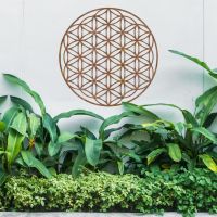 Geometry "Flower of Life" Steel Wall Art Above Bushes in the Garden