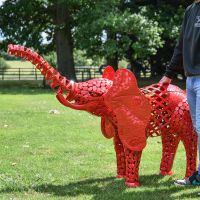 "Sambaku" Red Garden Elephant Sculpture to Scale