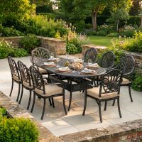The "Moreville" 8-Seater Outdoor Dining Set in Situ in the Garden digital illustration dressed table The "Moreville" 8-Seater Outdoor Dining Set in Situ in the Garden digital illustration dressed table