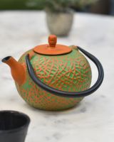"Sarda" Green and Orange Cast Iron Japanese Style Teapot side view