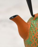 Close up of "Sarda" Green and Orange Cast Iron Japanese Style Teapot spout