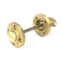 Close-Up of Connected Satin Brass "Vienna" Round Bathroom Thumb Lock - Set Close-Up of Connected Satin Brass "Vienna" Round Bathroom Thumb Lock - Set