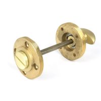 Close-Up of Connected Satin Brass Art Deco "Vienna" Round Bathroom Thumb Lock