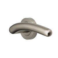 The Satin Nickel Round Rose Door Handles - Modern Arched Lever Pair on a White Background