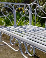 "Ophelia" Wrought iron Two Seater Garden Bench Close up of Slatted Bench