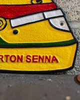 Close up of Ayrton Senna Helmet Vintage Style Cast Iron Sign finish