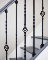 Close-Up of Set of 2 Matte Black "Enfield" Steel Stair Spindles - Pattern 5