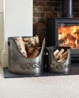 Set of Two "LOGS" and "KINDLING" buckets - Antique Brushed Silver Digital Illustration