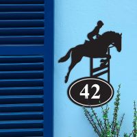 Showjumping Horse Iron House Number Sign in Situ on a Blue Wall 