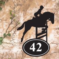 Showjumping Horse Iron House Number Sign in Situ on a Rustic Wall 