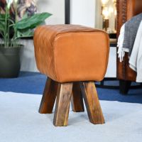 Side view of tan leather foot stool