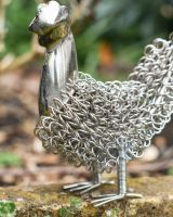 Close-Up of Freestanding Silver Rooster Wire Sculpture