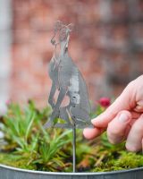 Sitting Whippet Artistic Plant Pot Spike - Set of Two with hand in shot for scale