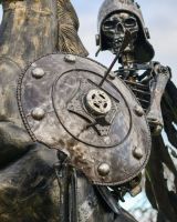Close up of Skeleton Warrior Cavalry Recycled Metal Sculpture shield